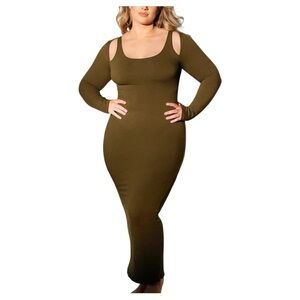 Shapellx Cozy Ribbed Shoulder Cut-Out Shaping Dress in Olive, Size L, NWT